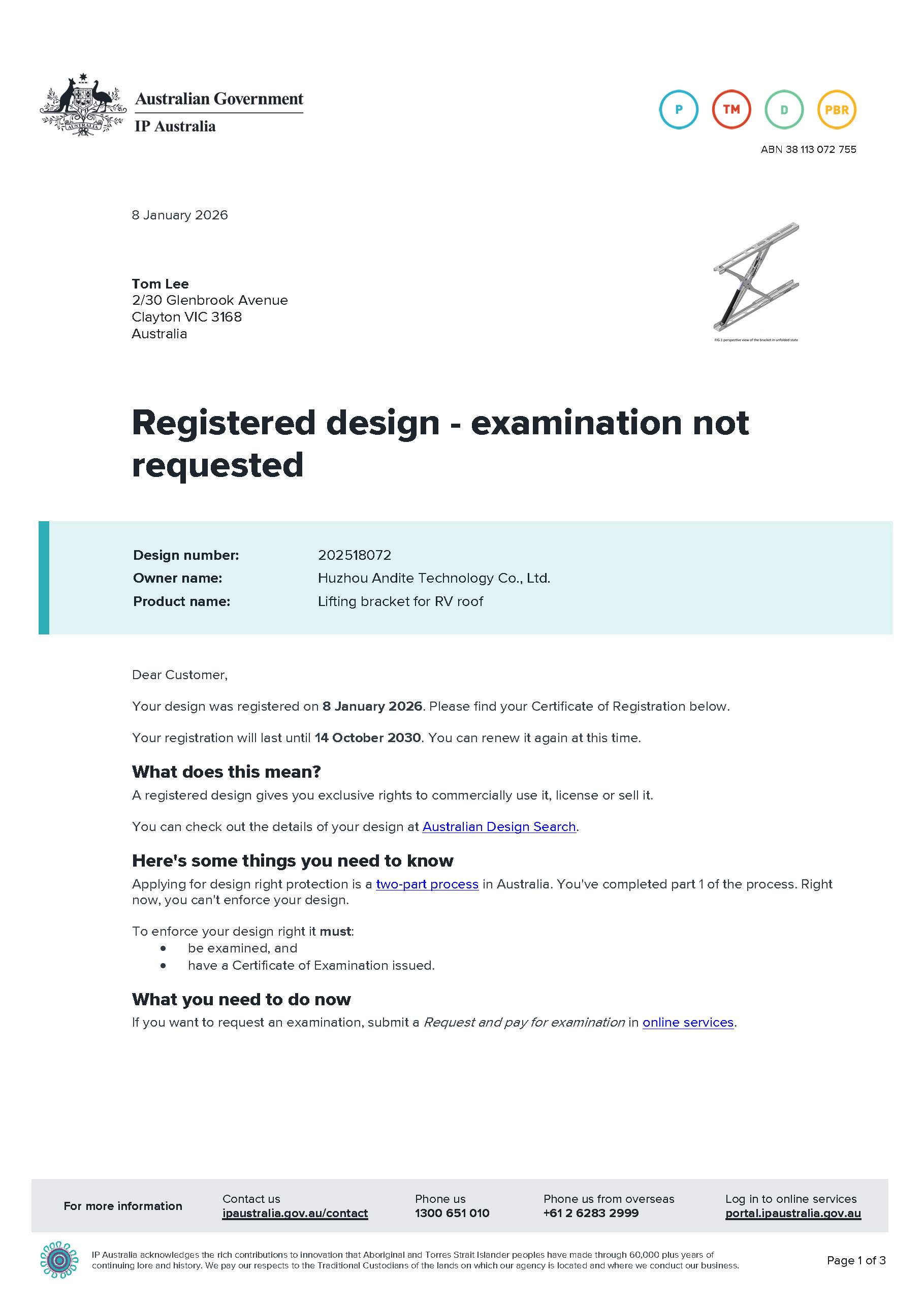 CARTUATOR RV Roof Lifting Structure Design Granted Australian Design Patent(图1)
